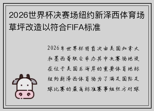 2026世界杯决赛场纽约新泽西体育场草坪改造以符合FIFA标准
