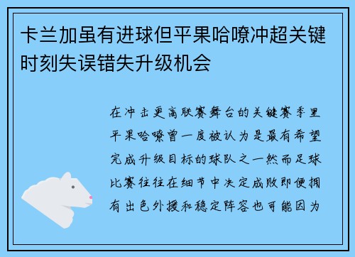 卡兰加虽有进球但平果哈嘹冲超关键时刻失误错失升级机会