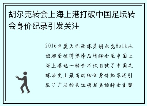 胡尔克转会上海上港打破中国足坛转会身价纪录引发关注 胡尔克转会上海上港打破中国足坛转会身价纪录引发关注